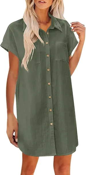 Women Loose Linen Mini Dress Summer Button Down T Shirt Dress Flowy Ruffle Short Sleeve Shift Dress with Pocket
