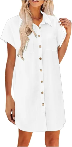 Women Loose Linen Mini Dress Summer Button Down T Shirt Dress Flowy Ruffle Short Sleeve Shift Dress with Pocket