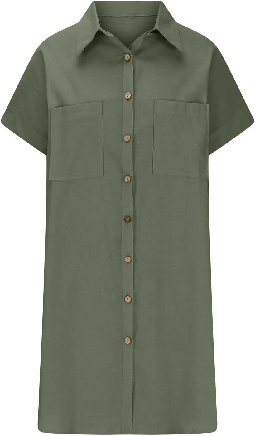 Women Loose Linen Mini Dress Summer Button Down T Shirt Dress Flowy Ruffle Short Sleeve Shift Dress with Pocket