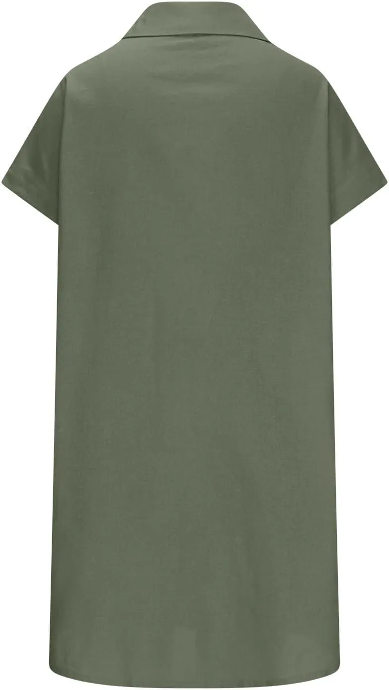 Women Loose Linen Mini Dress Summer Button Down T Shirt Dress Flowy Ruffle Short Sleeve Shift Dress with Pocket