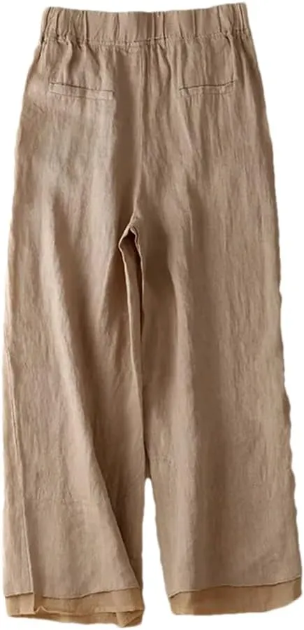 Women Patchwork Summer Lace Wide-Legs Trouser Thin Cotton Linen Casual Loose Elastic Waist Pants