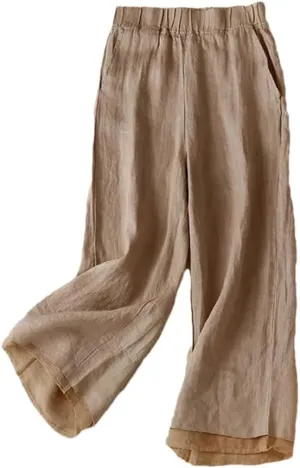 Women Patchwork Summer Lace Wide-Legs Trouser Thin Cotton Linen Casual Loose Elastic Waist Pants