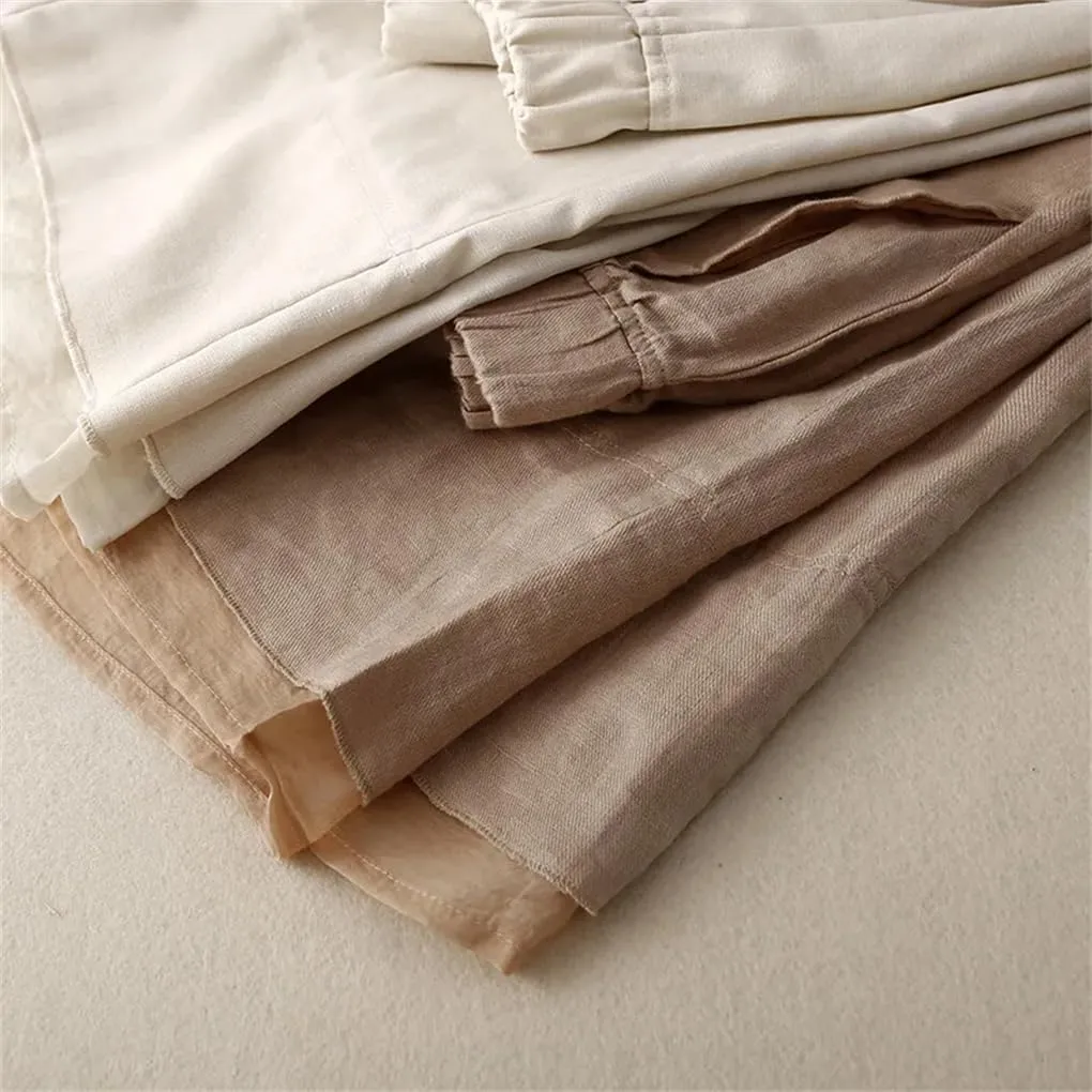 Women Patchwork Summer Lace Wide-Legs Trouser Thin Cotton Linen Casual Loose Elastic Waist Pants
