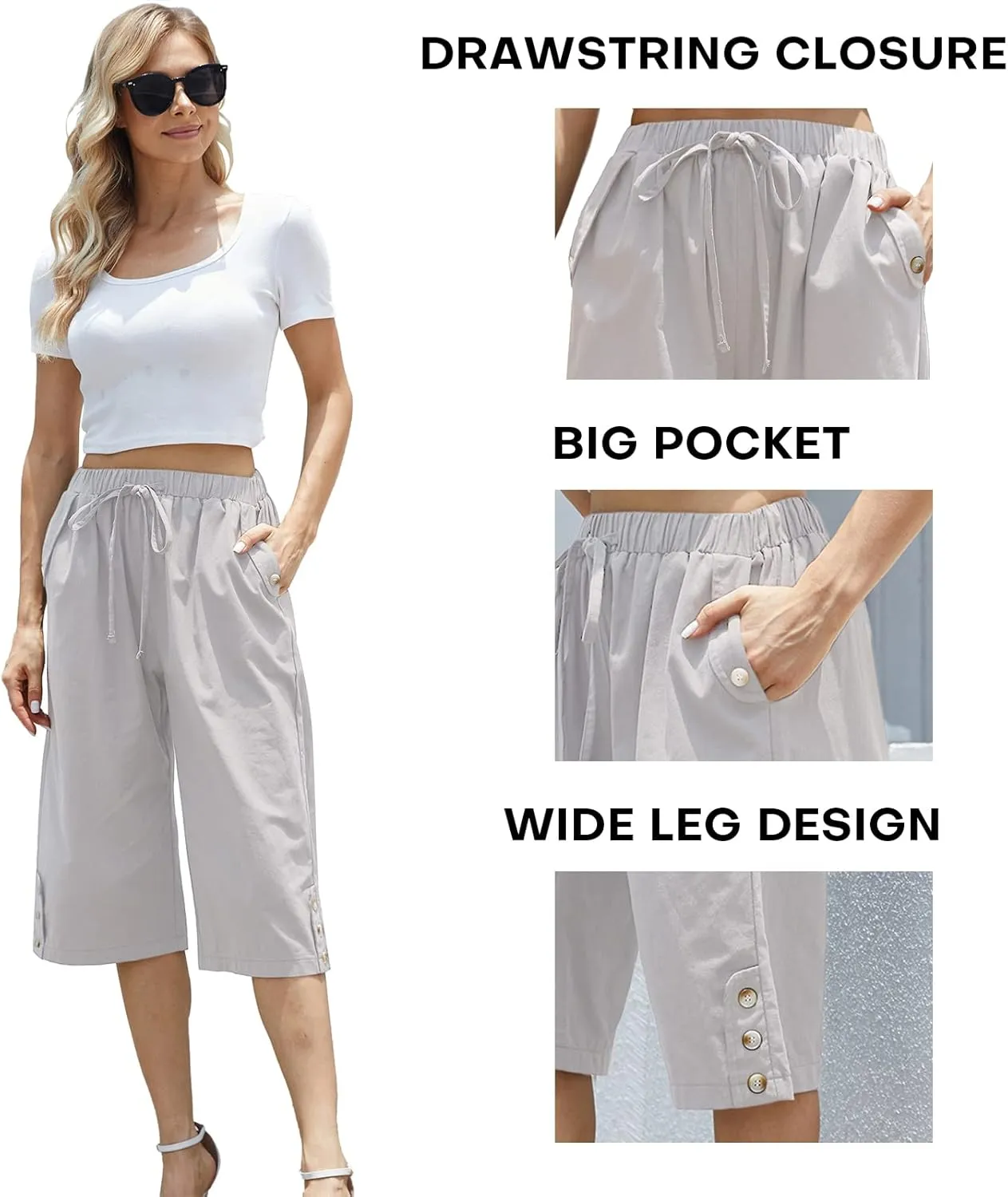 Women Pocket Pants Lightweight Wide Leg Drawstring Elastic Waist Yoga Lounge Cropped Pants