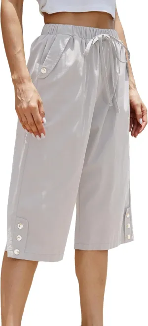 Women Pocket Pants Lightweight Wide Leg Drawstring Elastic Waist Yoga Lounge Cropped Pants