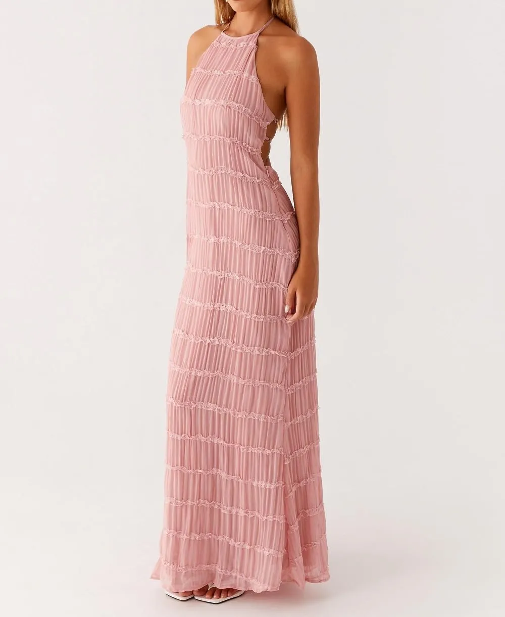 Women Ruffle Halter Neck Maxi Dress Backless Tiered Flowy Long Dress Ruched Mesh Sundress Summer Beachwear