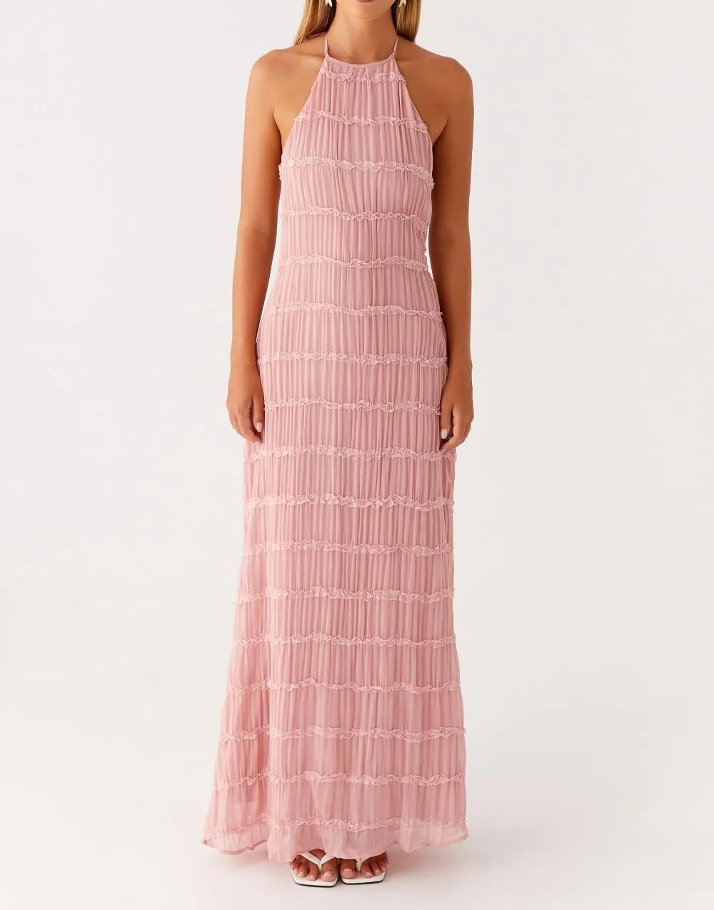 Women Ruffle Halter Neck Maxi Dress Backless Tiered Flowy Long Dress Ruched Mesh Sundress Summer Beachwear