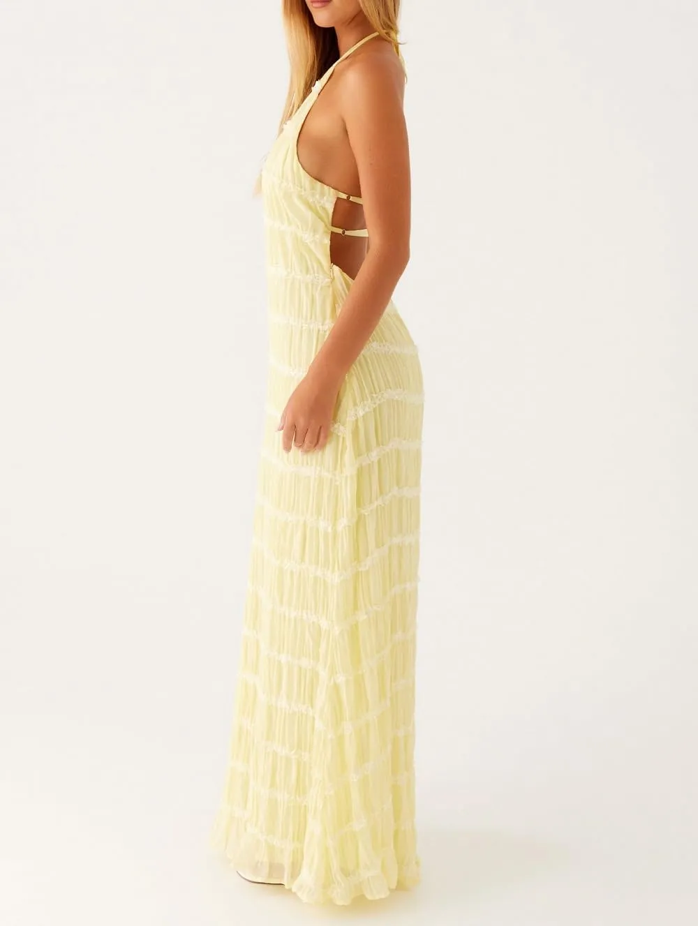 Women Ruffle Halter Neck Maxi Dress Backless Tiered Flowy Long Dress Ruched Mesh Sundress Summer Beachwear