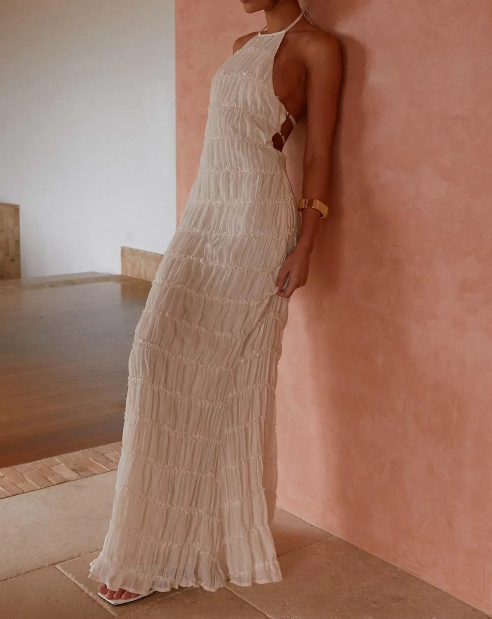 Women Ruffle Halter Neck Maxi Dress Backless Tiered Flowy Long Dress Ruched Mesh Sundress Summer Beachwear