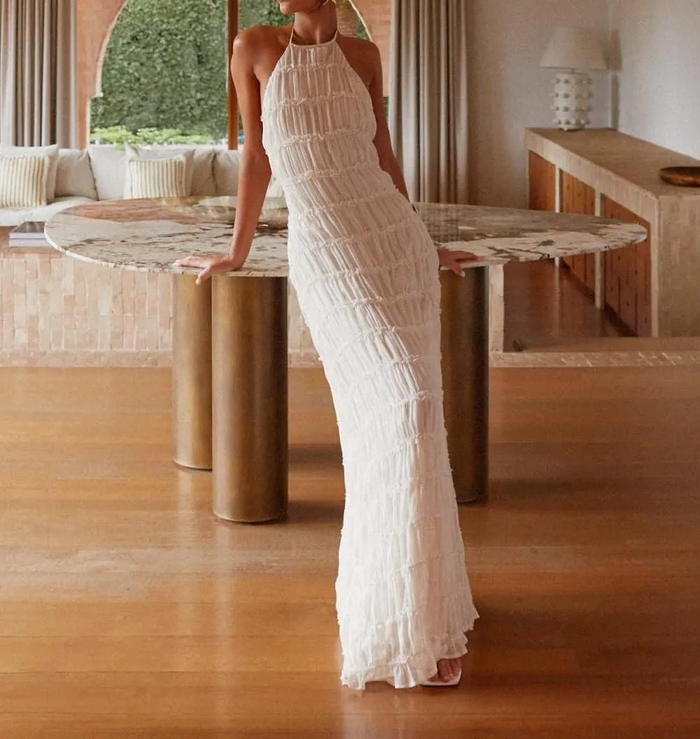 Women Ruffle Halter Neck Maxi Dress Backless Tiered Flowy Long Dress Ruched Mesh Sundress Summer Beachwear
