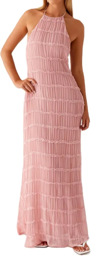 Women Ruffle Halter Neck Maxi Dress Backless Tiered Flowy Long Dress Ruched Mesh Sundress Summer Beachwear