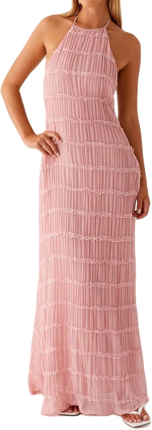 Women Ruffle Halter Neck Maxi Dress Backless Tiered Flowy Long Dress Ruched Mesh Sundress Summer Beachwear