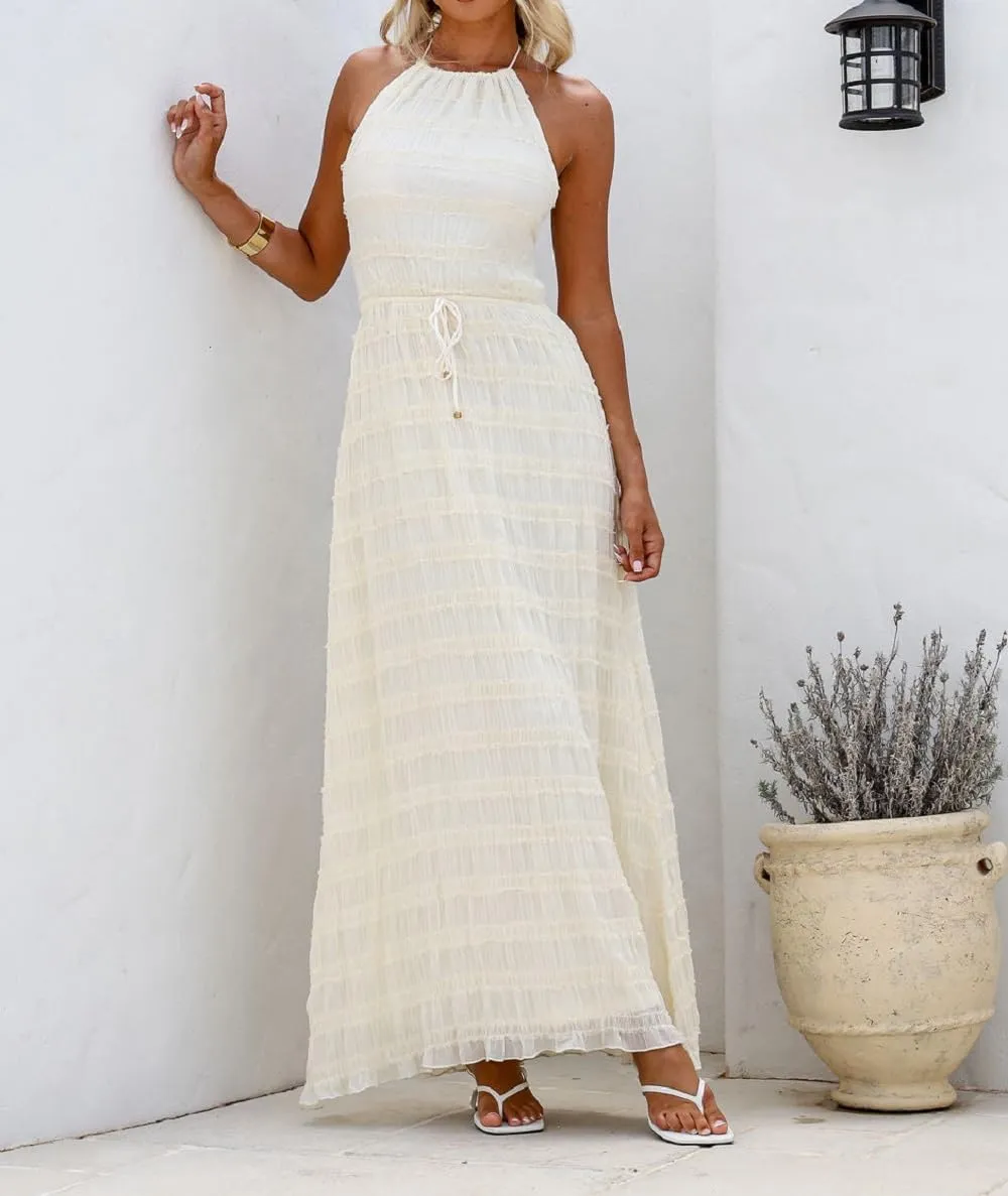 Women Ruffle Halter Neck Maxi Dress Backless Tiered Flowy Long Dress Ruched Mesh Sundress Summer Beachwear