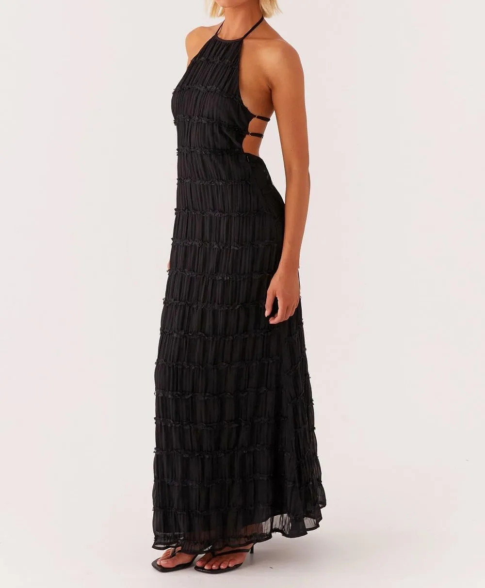 Women Ruffle Halter Neck Maxi Dress Backless Tiered Flowy Long Dress Ruched Mesh Sundress Summer Beachwear