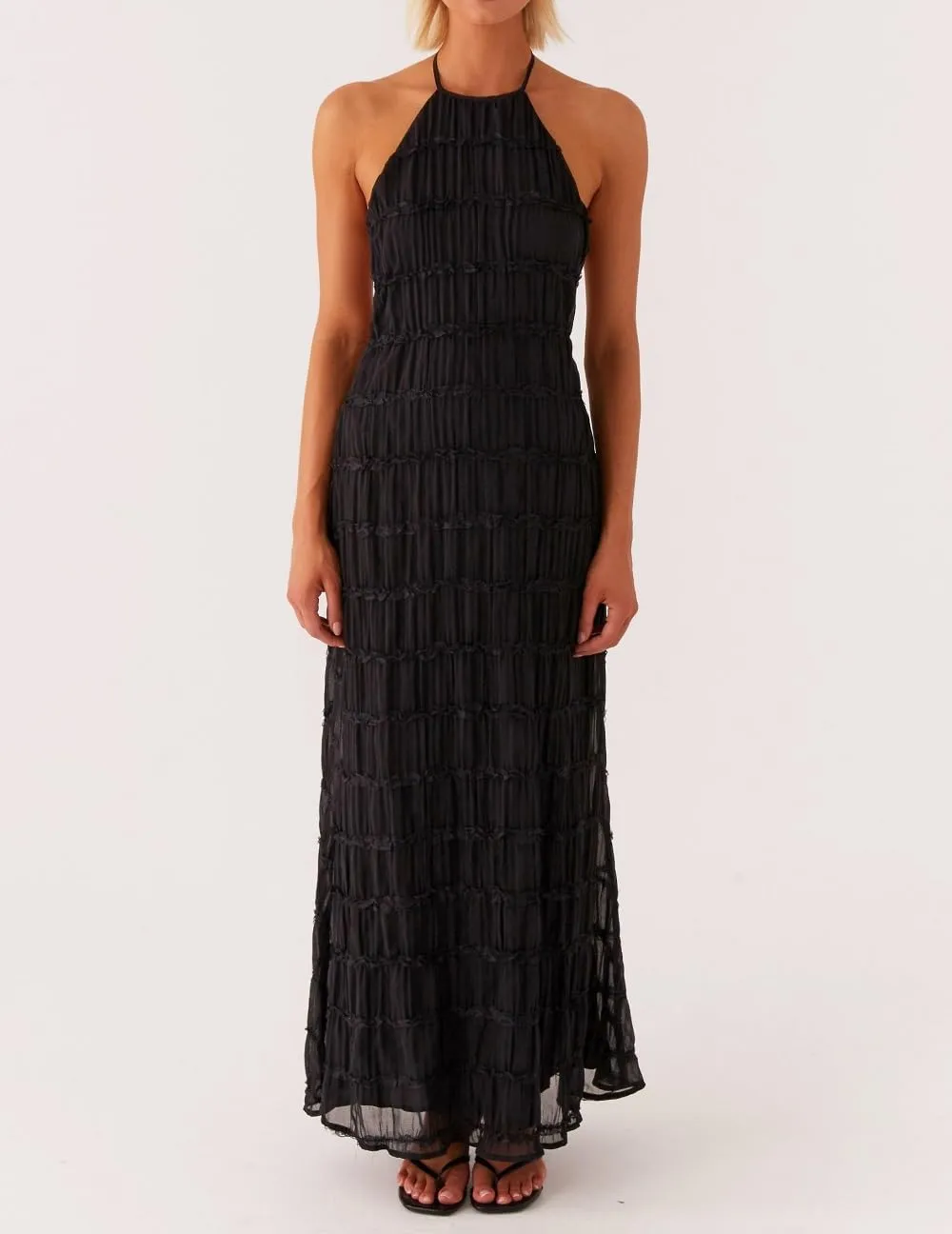 Women Ruffle Halter Neck Maxi Dress Backless Tiered Flowy Long Dress Ruched Mesh Sundress Summer Beachwear