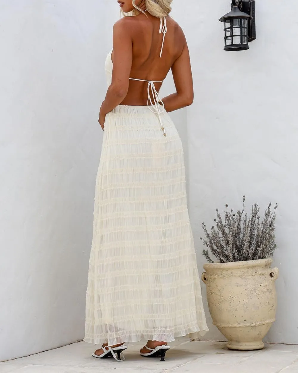 Women Ruffle Halter Neck Maxi Dress Backless Tiered Flowy Long Dress Ruched Mesh Sundress Summer Beachwear
