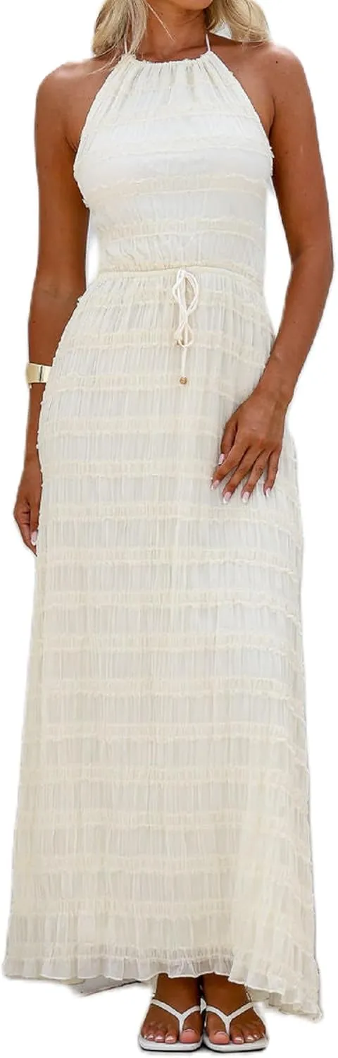 Women Ruffle Halter Neck Maxi Dress Backless Tiered Flowy Long Dress Ruched Mesh Sundress Summer Beachwear