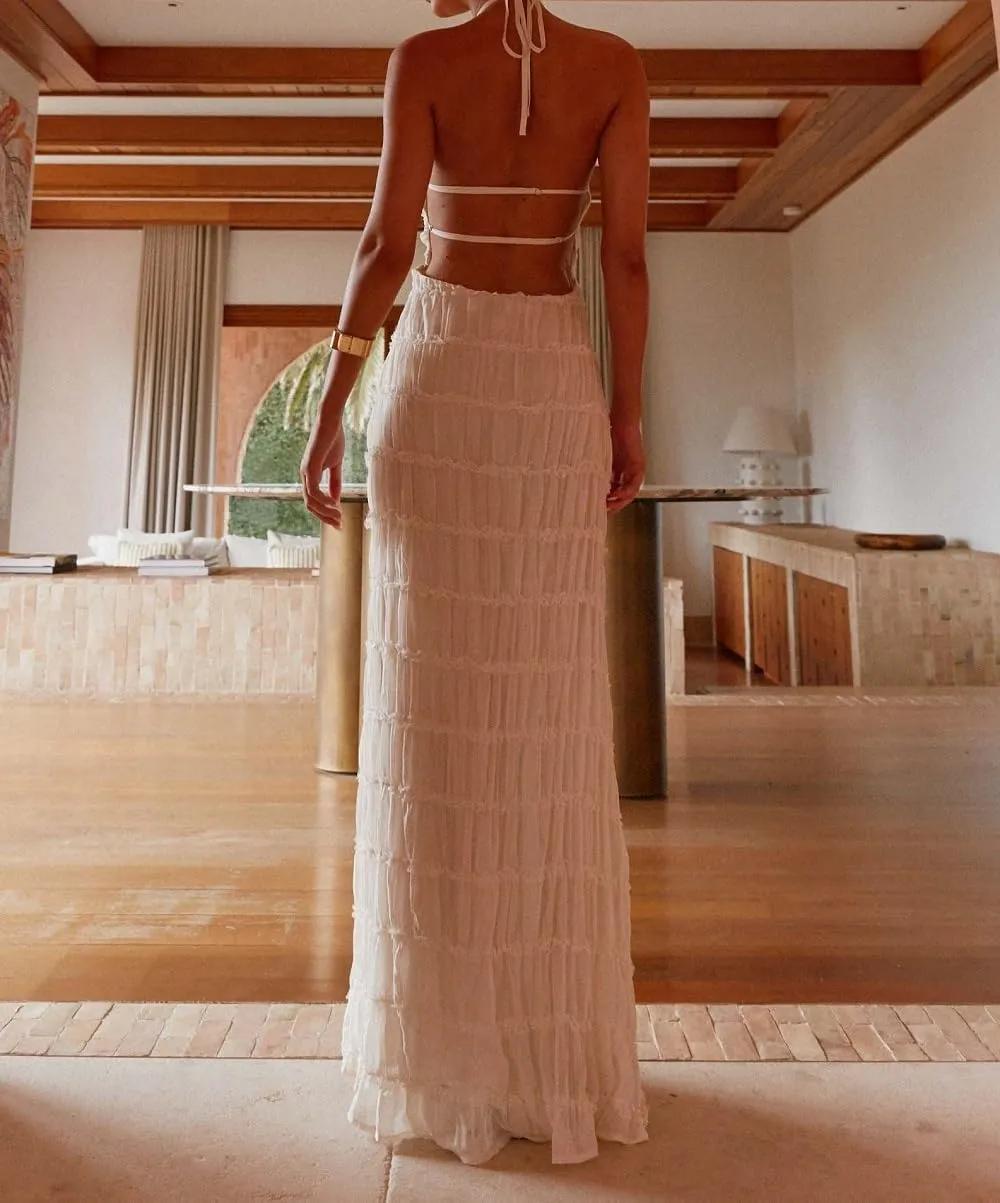 Women Ruffle Halter Neck Maxi Dress Backless Tiered Flowy Long Dress Ruched Mesh Sundress Summer Beachwear