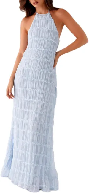 Women Ruffle Halter Neck Maxi Dress Backless Tiered Flowy Long Dress Ruched Mesh Sundress Summer Beachwear