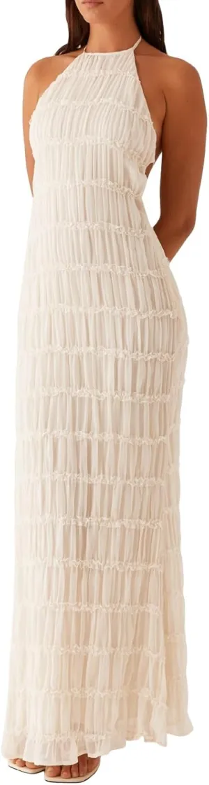 Women Ruffle Halter Neck Maxi Dress Backless Tiered Flowy Long Dress Ruched Mesh Sundress Summer Beachwear