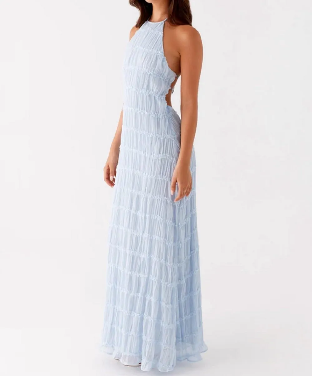 Women Ruffle Halter Neck Maxi Dress Backless Tiered Flowy Long Dress Ruched Mesh Sundress Summer Beachwear