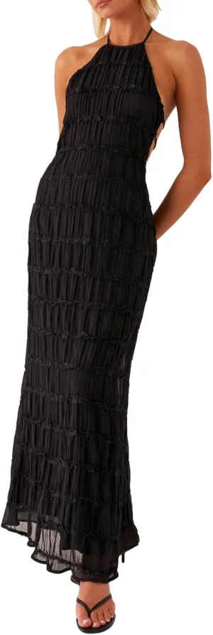 Women Ruffle Halter Neck Maxi Dress Backless Tiered Flowy Long Dress Ruched Mesh Sundress Summer Beachwear