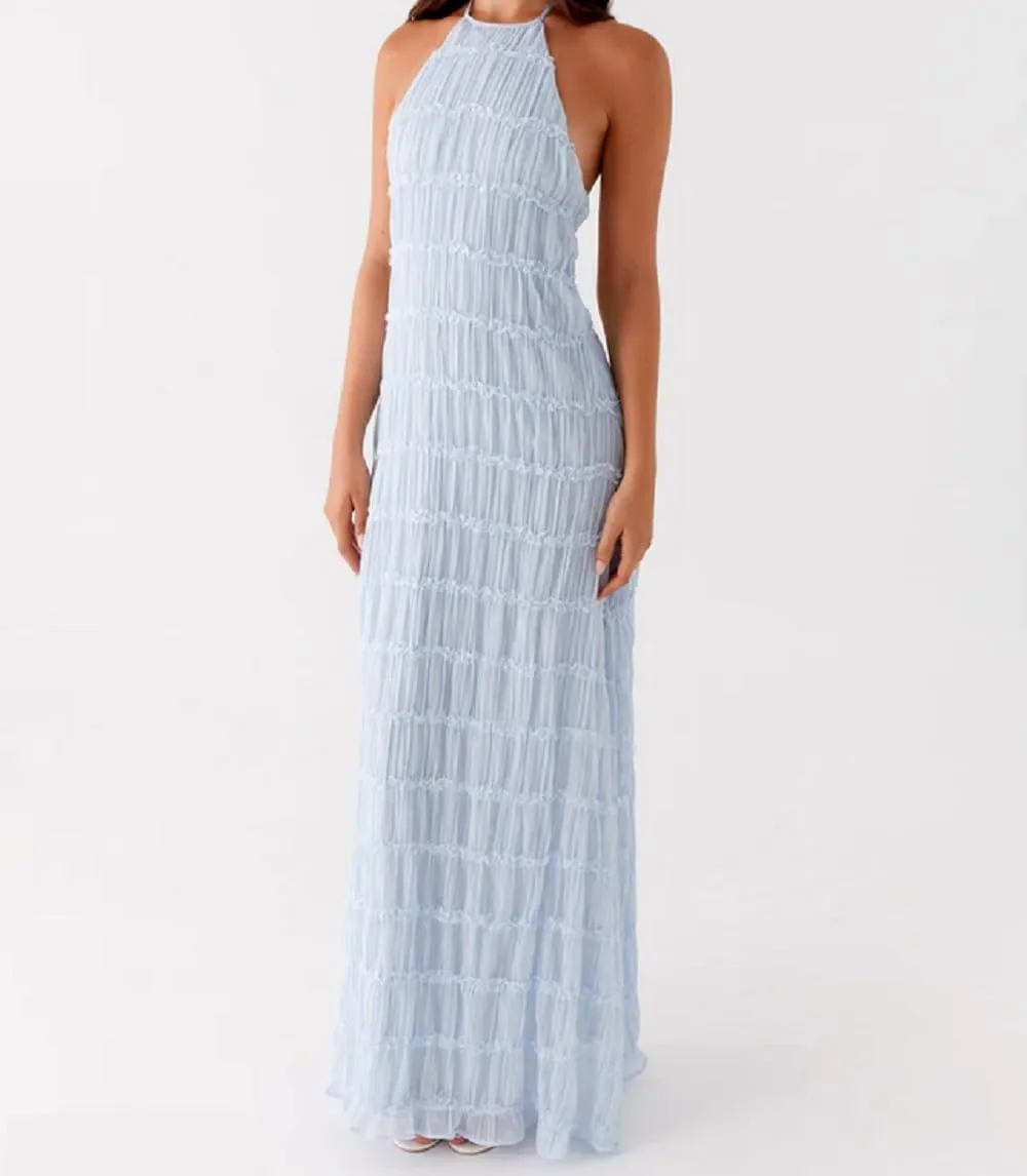 Women Ruffle Halter Neck Maxi Dress Backless Tiered Flowy Long Dress Ruched Mesh Sundress Summer Beachwear