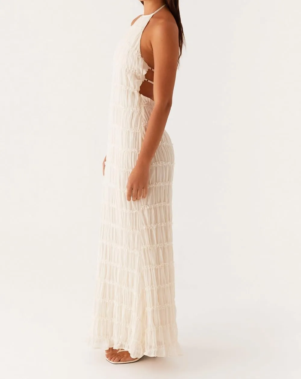 Women Ruffle Halter Neck Maxi Dress Backless Tiered Flowy Long Dress Ruched Mesh Sundress Summer Beachwear