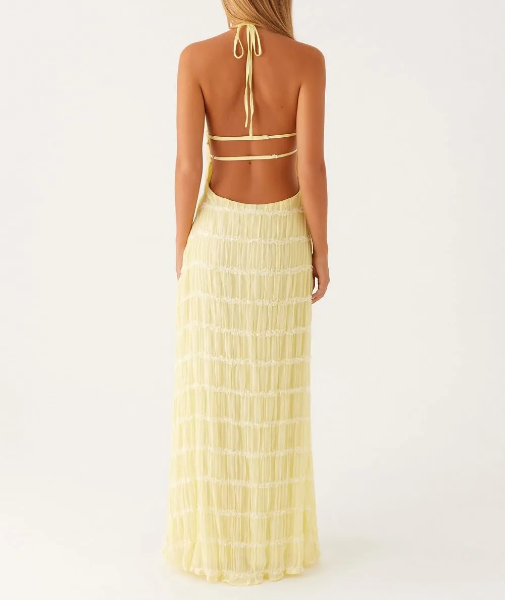 Women Ruffle Halter Neck Maxi Dress Backless Tiered Flowy Long Dress Ruched Mesh Sundress Summer Beachwear