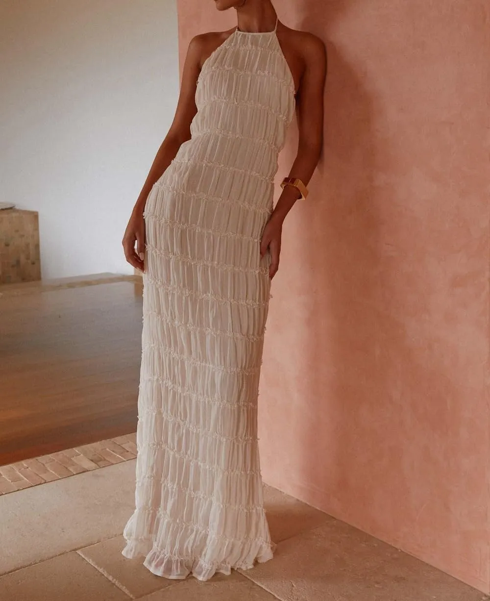Women Ruffle Halter Neck Maxi Dress Backless Tiered Flowy Long Dress Ruched Mesh Sundress Summer Beachwear