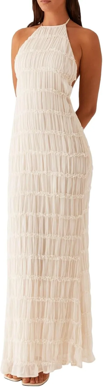 Women Ruffle Halter Neck Maxi Dress Backless Tiered Flowy Long Dress Ruched Mesh Sundress Summer Beachwear