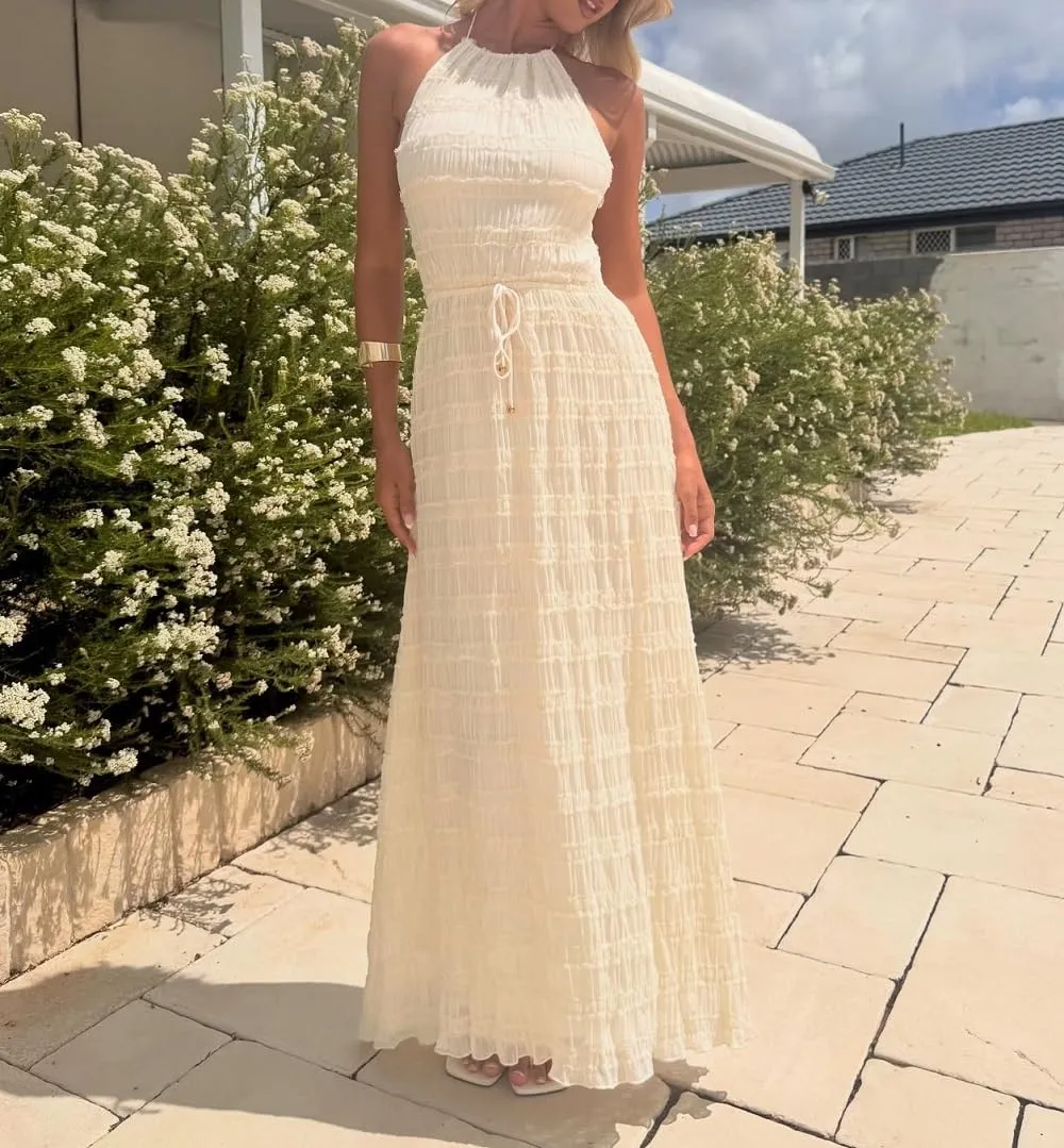 Women Ruffle Halter Neck Maxi Dress Backless Tiered Flowy Long Dress Ruched Mesh Sundress Summer Beachwear