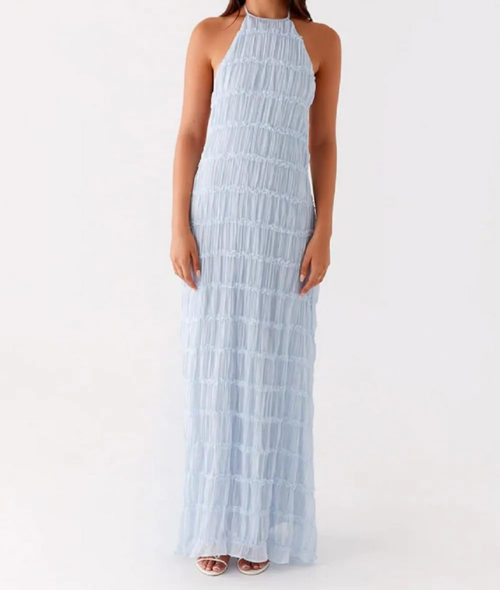 Women Ruffle Halter Neck Maxi Dress Backless Tiered Flowy Long Dress Ruched Mesh Sundress Summer Beachwear