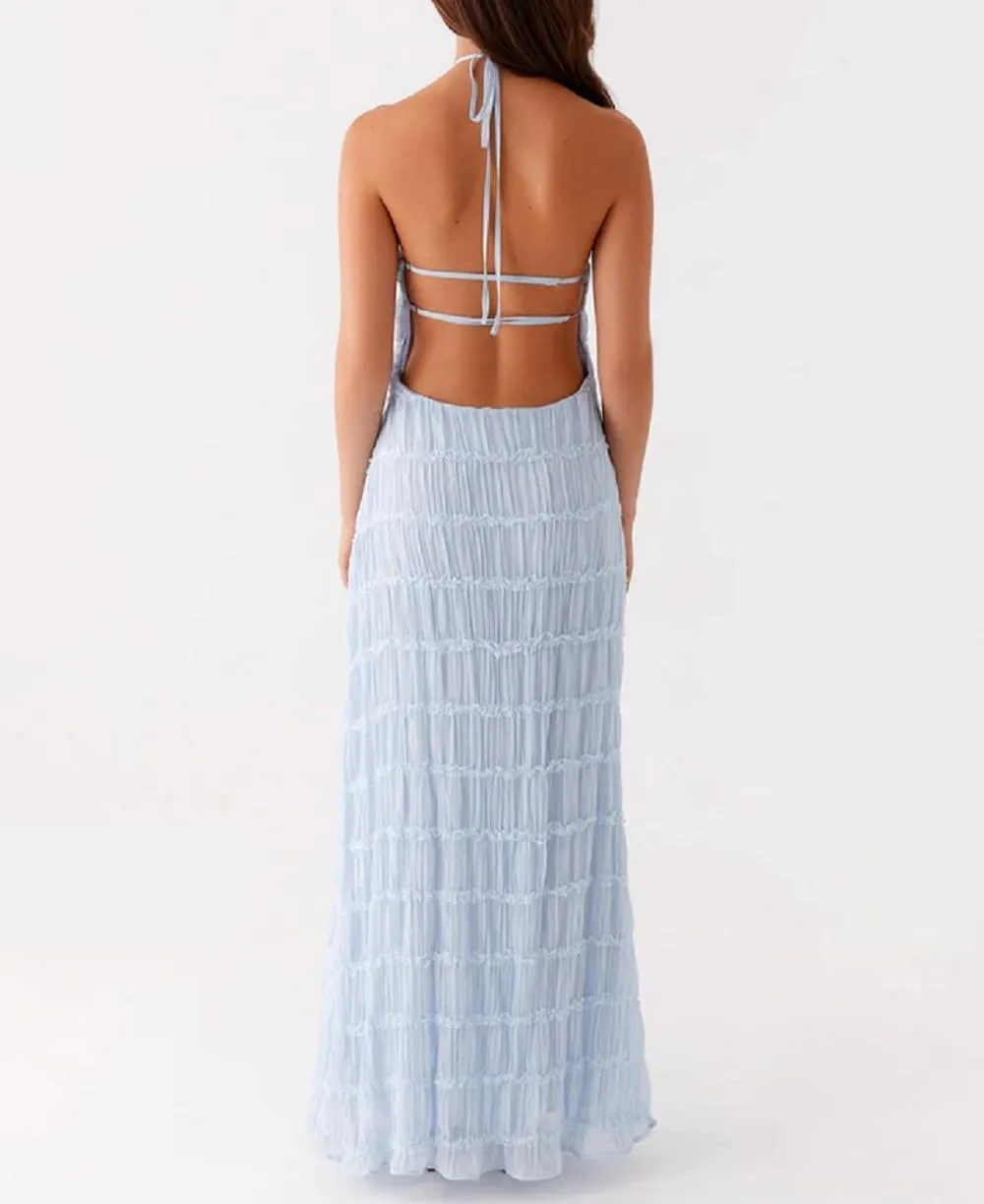 Women Ruffle Halter Neck Maxi Dress Backless Tiered Flowy Long Dress Ruched Mesh Sundress Summer Beachwear