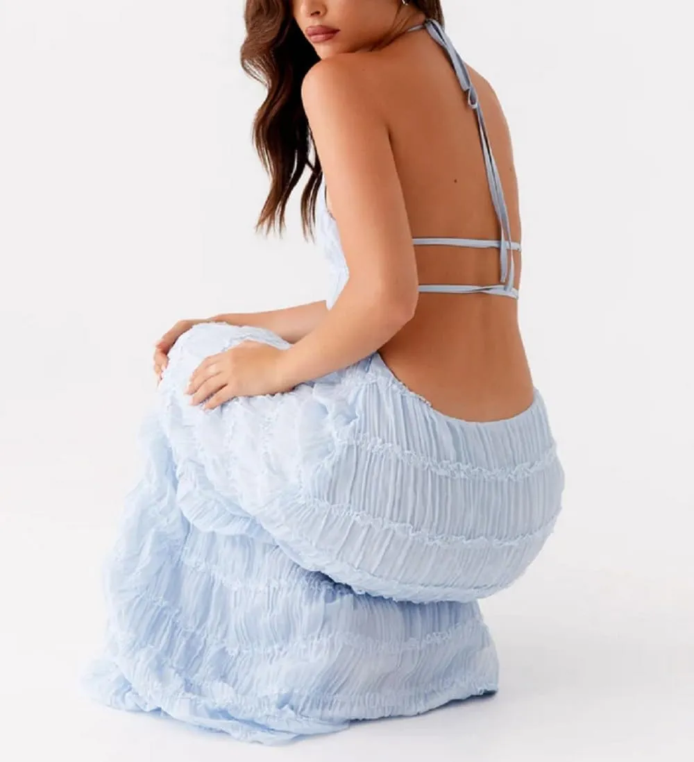 Women Ruffle Halter Neck Maxi Dress Backless Tiered Flowy Long Dress Ruched Mesh Sundress Summer Beachwear