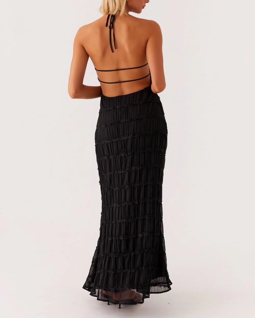 Women Ruffle Halter Neck Maxi Dress Backless Tiered Flowy Long Dress Ruched Mesh Sundress Summer Beachwear