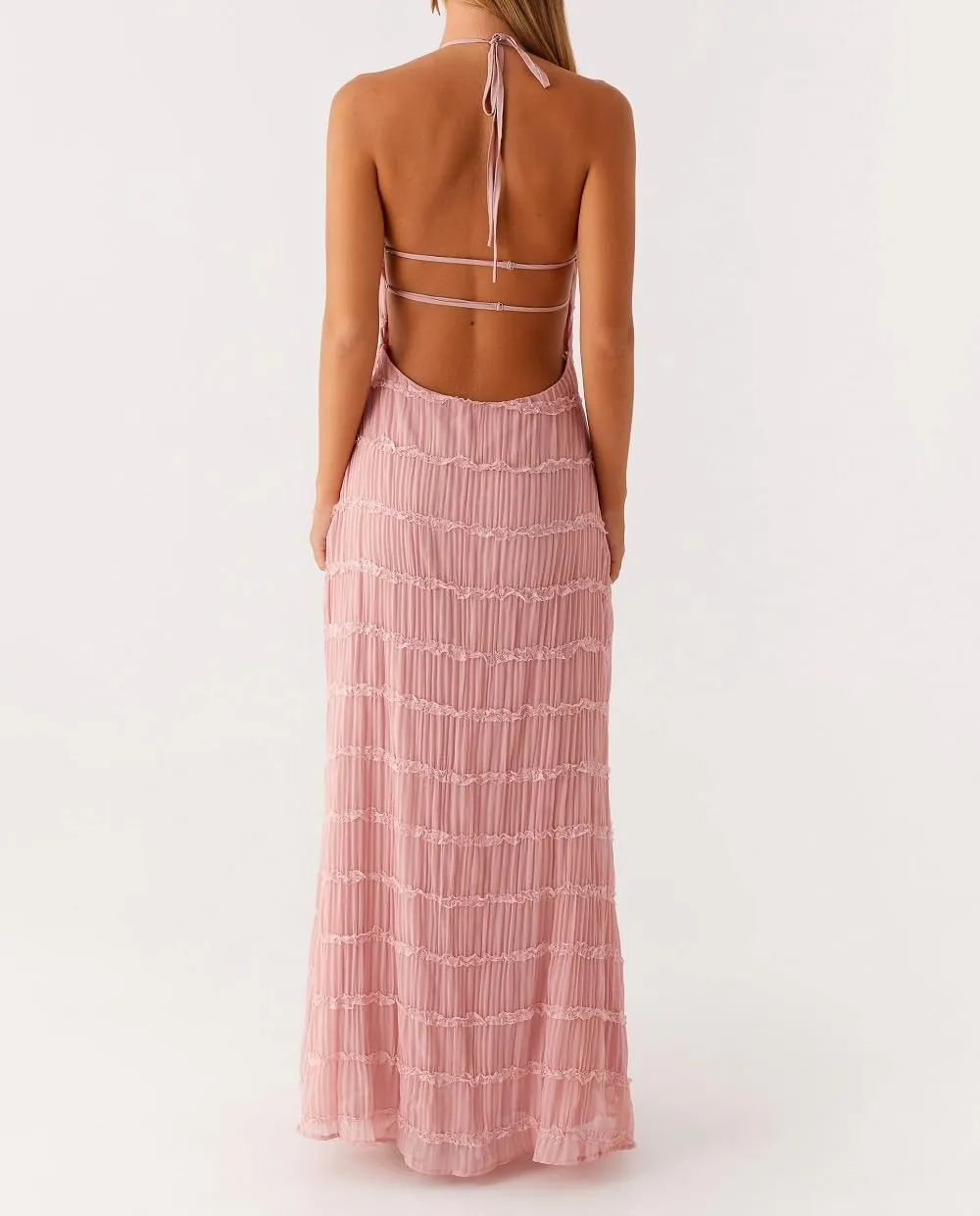 Women Ruffle Halter Neck Maxi Dress Backless Tiered Flowy Long Dress Ruched Mesh Sundress Summer Beachwear