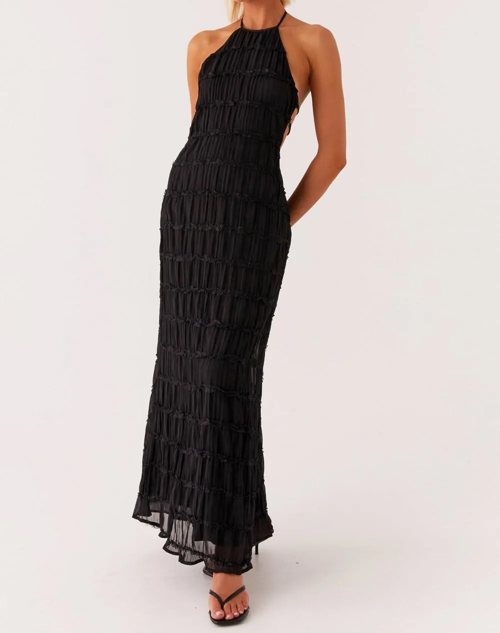 Women Ruffle Halter Neck Maxi Dress Backless Tiered Flowy Long Dress Ruched Mesh Sundress Summer Beachwear