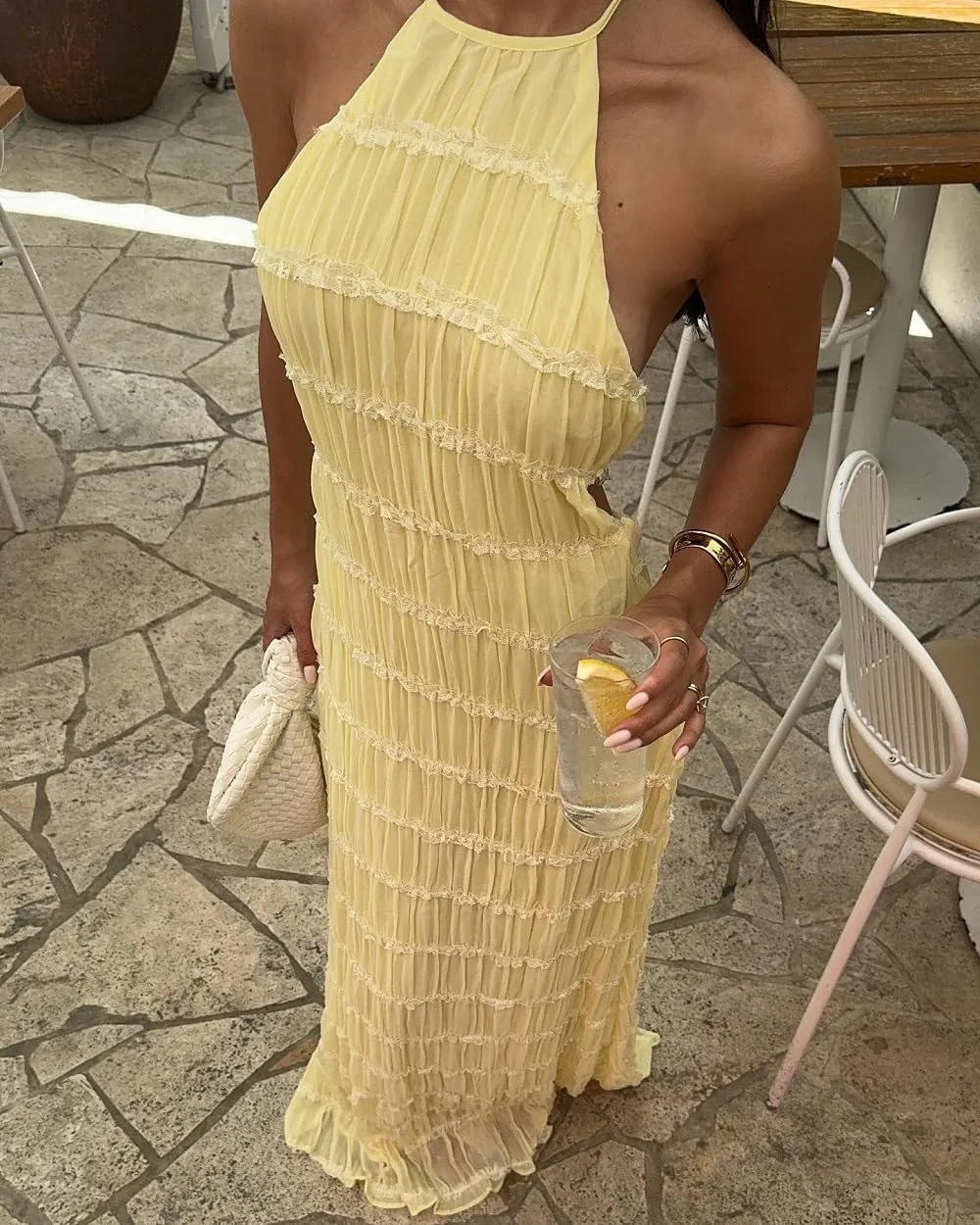 Women Ruffle Halter Neck Maxi Dress Backless Tiered Flowy Long Dress Ruched Mesh Sundress Summer Beachwear