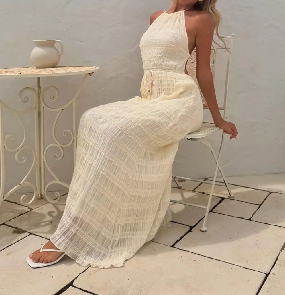 Women Ruffle Halter Neck Maxi Dress Backless Tiered Flowy Long Dress Ruched Mesh Sundress Summer Beachwear