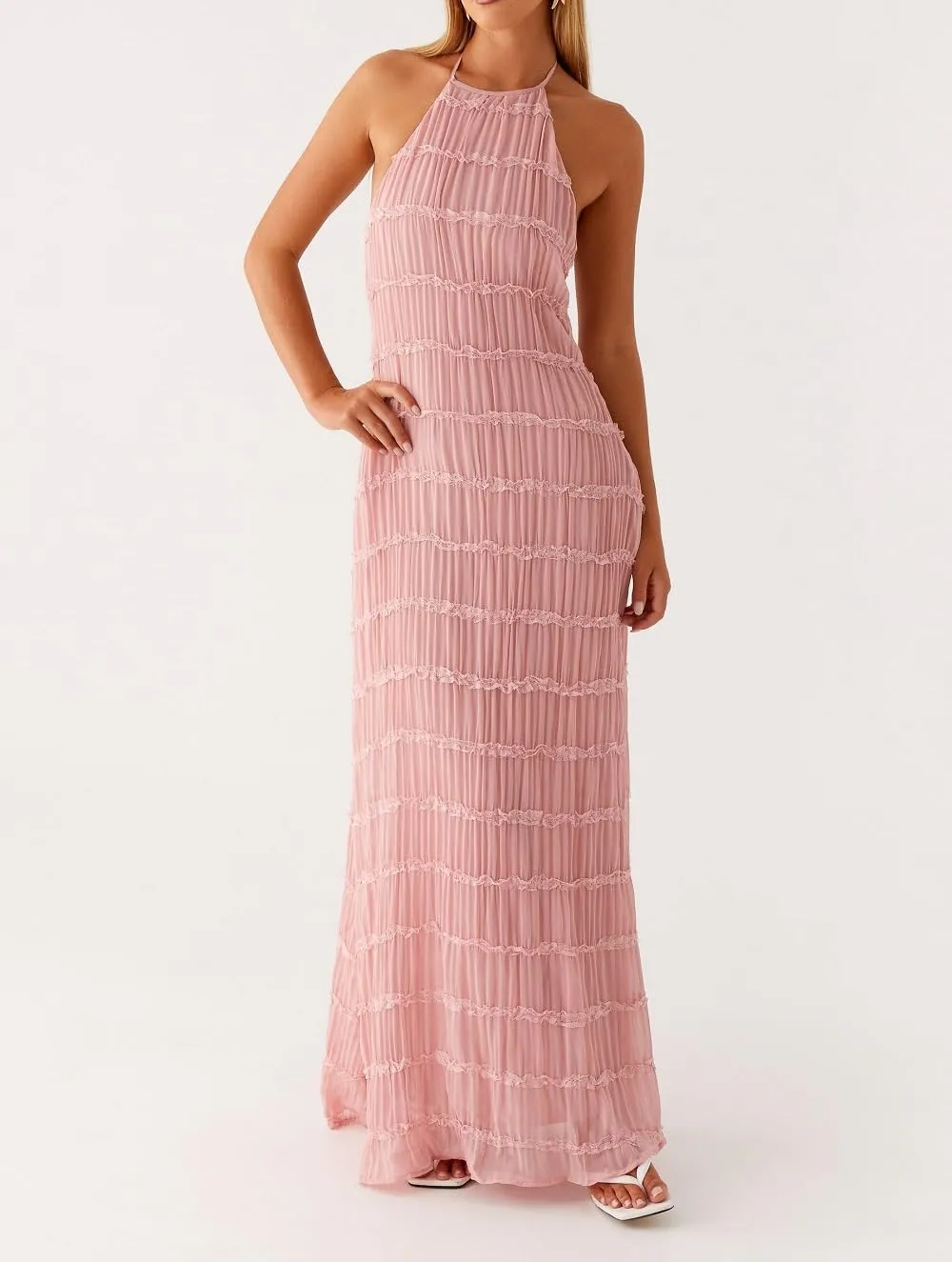 Women Ruffle Halter Neck Maxi Dress Backless Tiered Flowy Long Dress Ruched Mesh Sundress Summer Beachwear