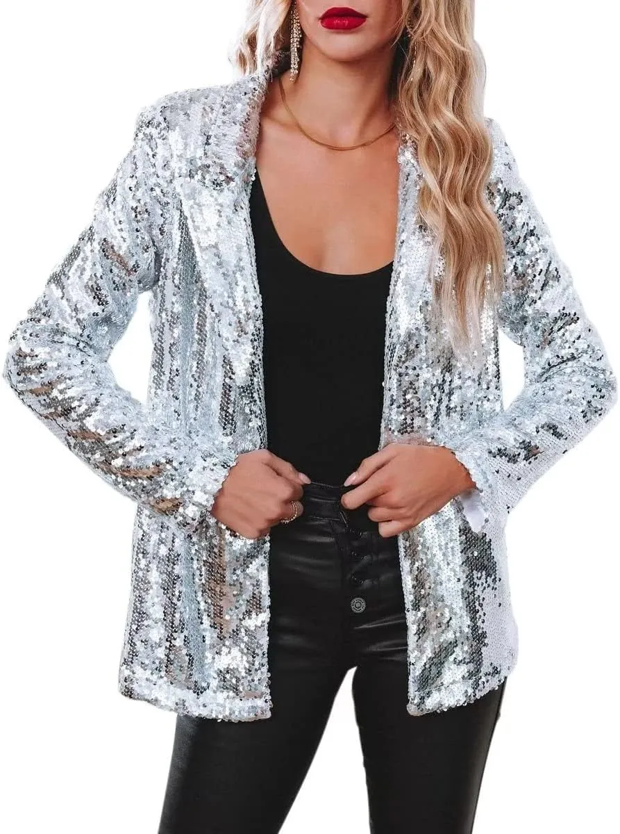 Women Sequin Jacket Glitter Sparkle Open Front Casual Long Sleeve Blazer Coat