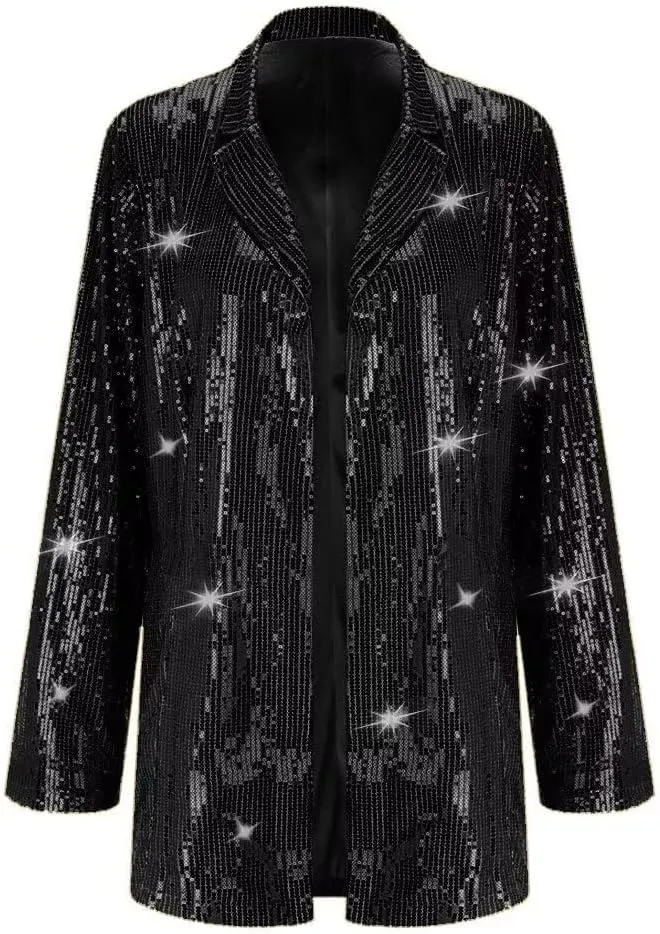 Women Sequin Jacket Glitter Sparkle Open Front Casual Long Sleeve Blazer Coat