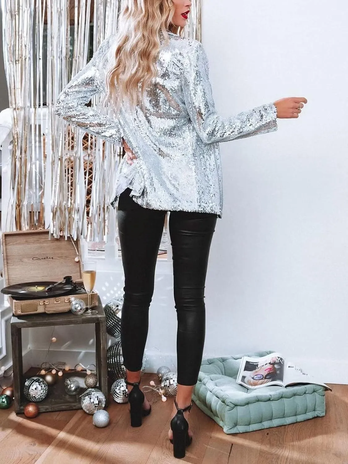 Women Sequin Jacket Glitter Sparkle Open Front Casual Long Sleeve Blazer Coat
