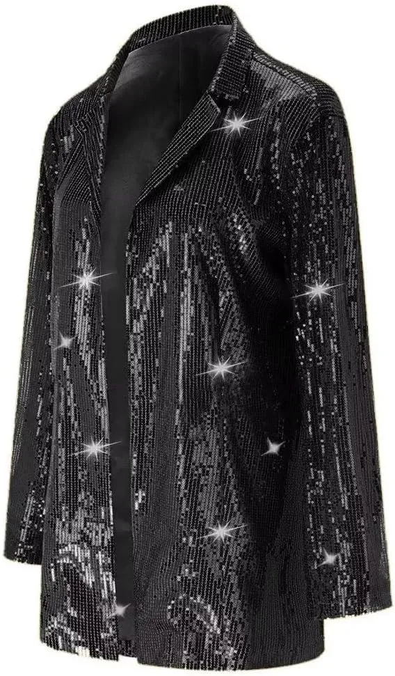 Women Sequin Jacket Glitter Sparkle Open Front Casual Long Sleeve Blazer Coat