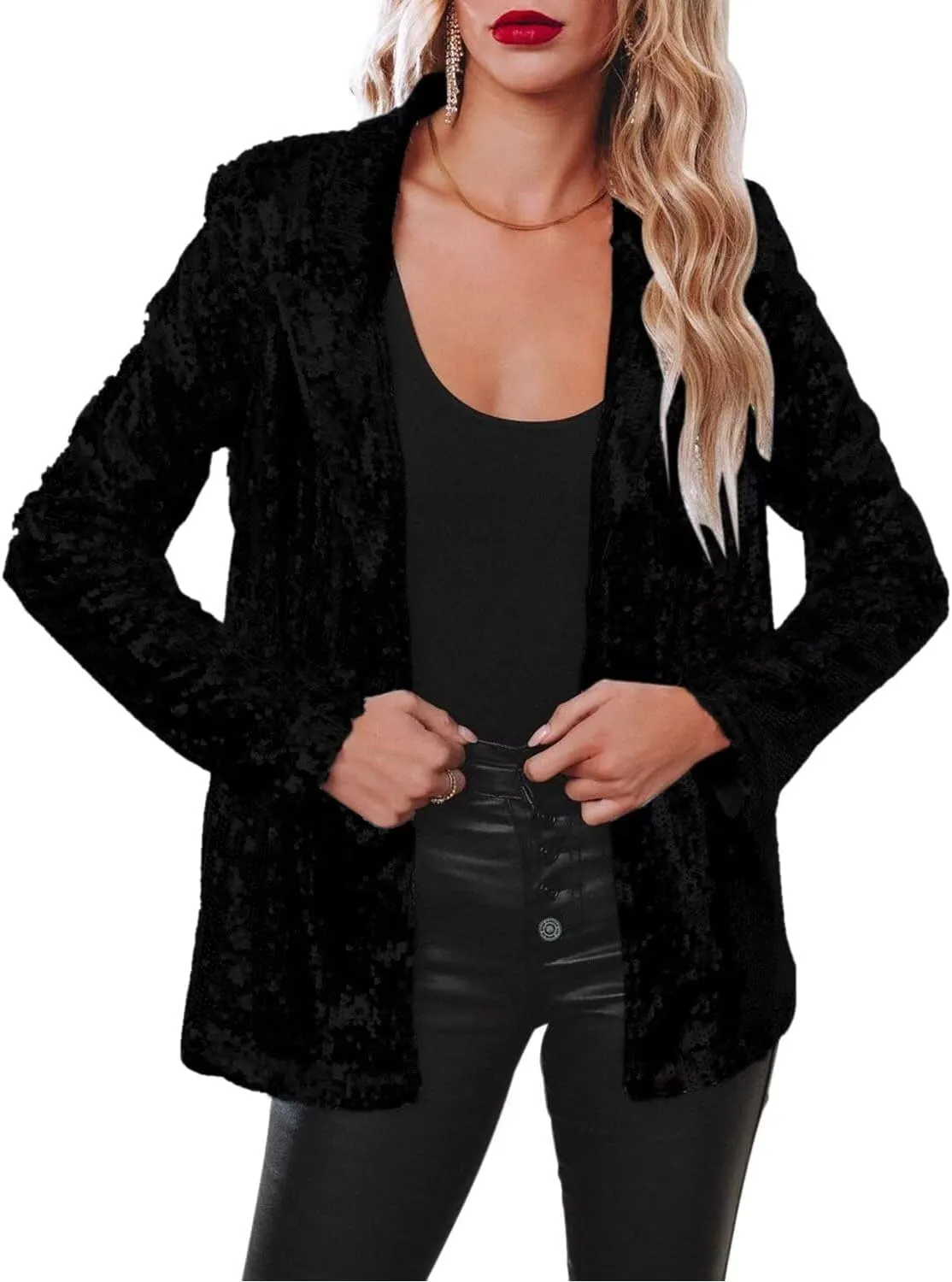 Women Sequin Jacket Glitter Sparkle Open Front Casual Long Sleeve Blazer Coat