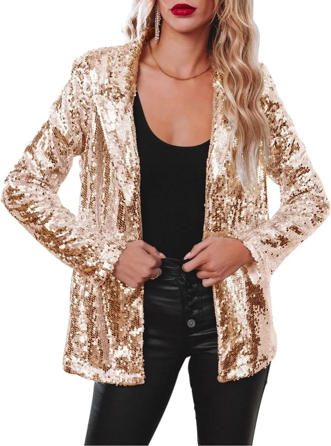 Women Sequin Jacket Glitter Sparkle Open Front Casual Long Sleeve Blazer Coat
