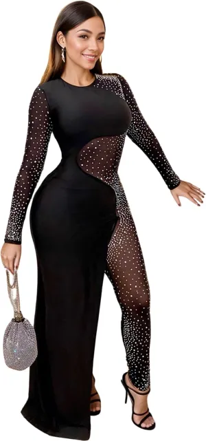 Women Sexy Embellished Rhinestone Bodycon Jumpsuit Mesh See Through Patchwork Birthday Party Night Out Clubwear