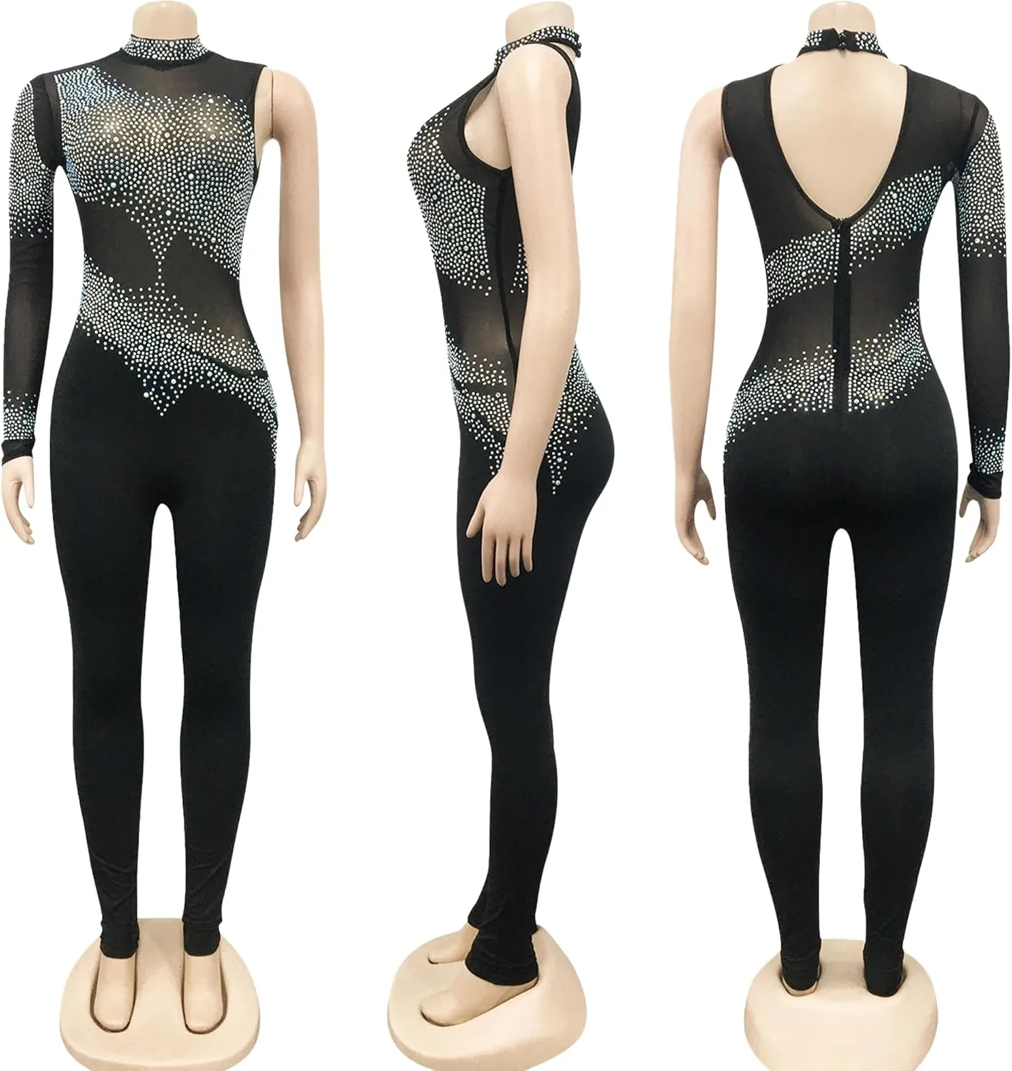 Women Sexy Rhinestone Sequins Bodycon Jumpsuit Mesh See Through Party Club Bodysuits