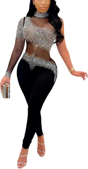 Women Sexy Rhinestone Sequins Bodycon Jumpsuit Mesh See Through Party Club Bodysuits